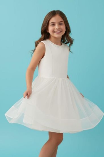 صورة فستان بيج نفاش أنيق مع الؤلؤ على العنق